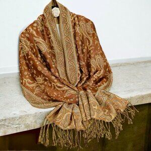 New Large Paisley Scarf Wrap Pashmina Brown Cream Fringe Classic